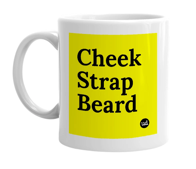 White mug with 'Cheek Strap Beard' in bold black letters