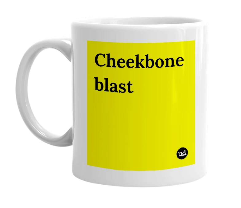White mug with 'Cheekbone blast' in bold black letters
