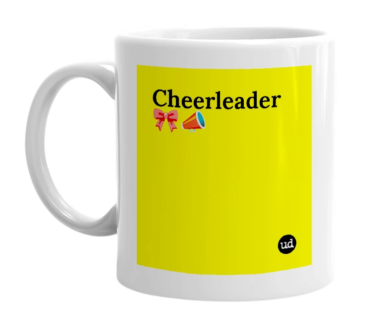 White mug with 'Cheerleader 🎀📣' in bold black letters