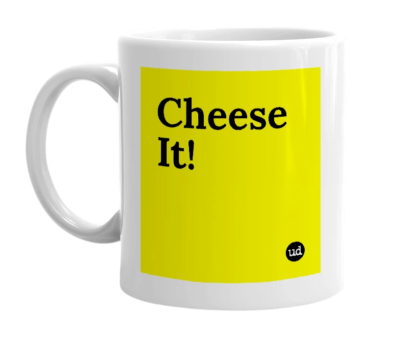 White mug with 'Cheese It!' in bold black letters
