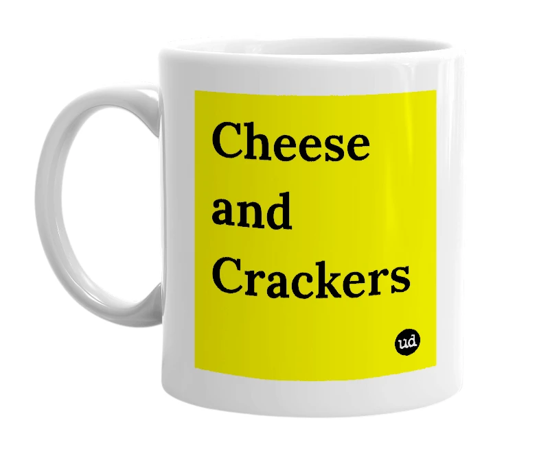 White mug with 'Cheese and Crackers' in bold black letters