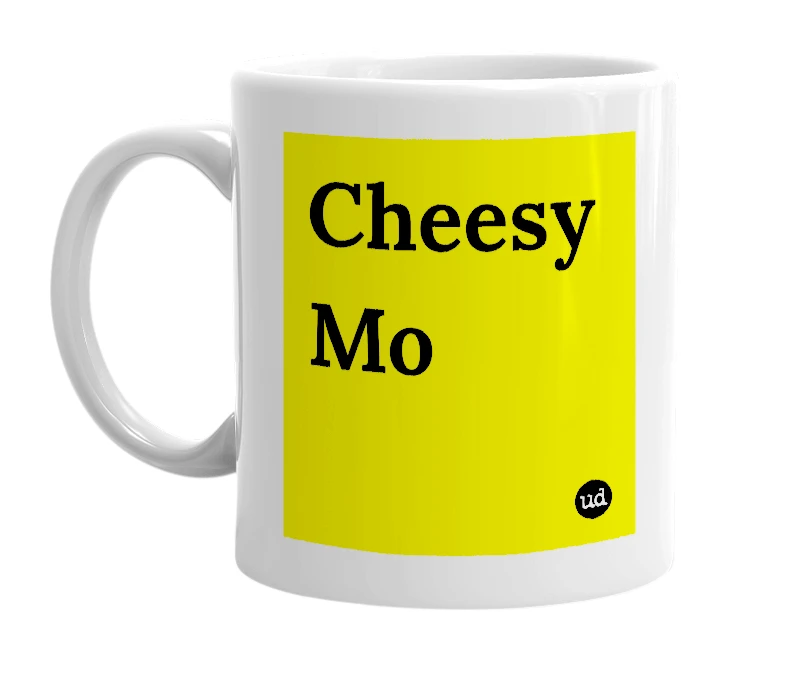 White mug with 'Cheesy Mo' in bold black letters