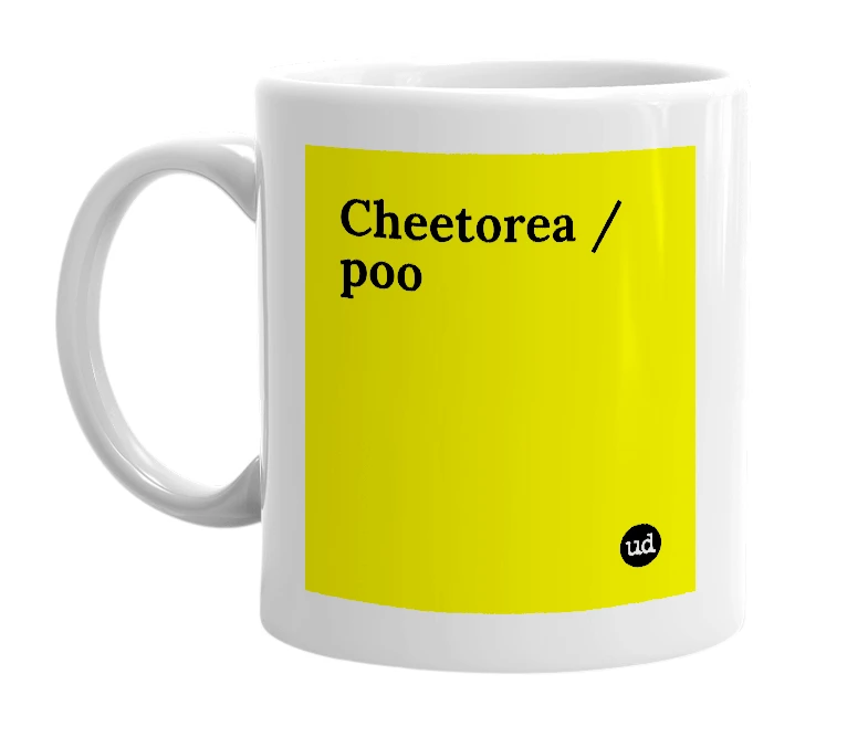 White mug with 'Cheetorea / poo' in bold black letters