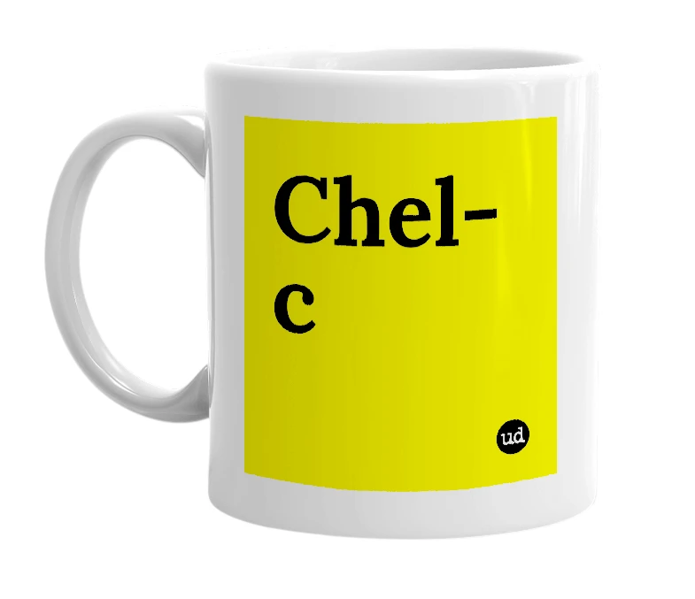 White mug with 'Chel-c' in bold black letters