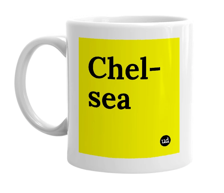 White mug with 'Chel-sea' in bold black letters