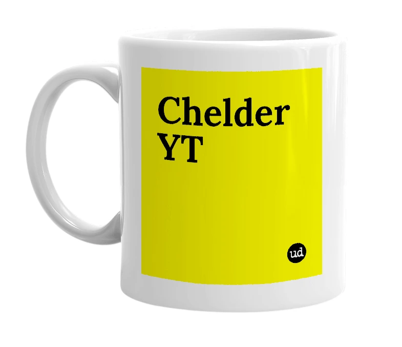 White mug with 'Chelder YT' in bold black letters