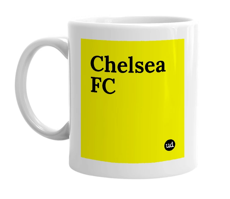 White mug with 'Chelsea FC' in bold black letters