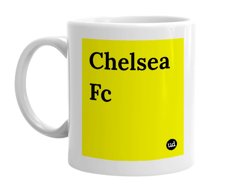 White mug with 'Chelsea Fc' in bold black letters