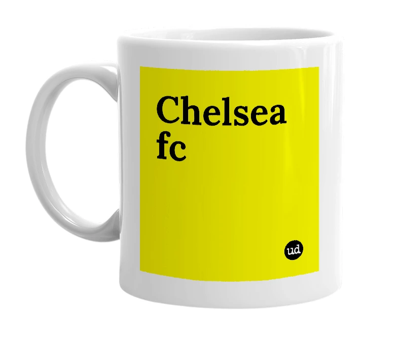 White mug with 'Chelsea fc' in bold black letters