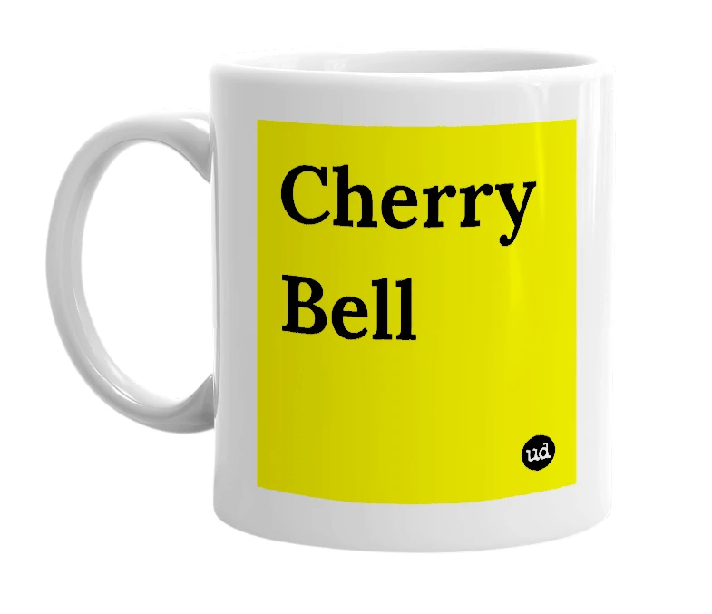 White mug with 'Cherry Bell' in bold black letters