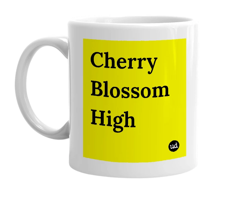White mug with 'Cherry Blossom High' in bold black letters