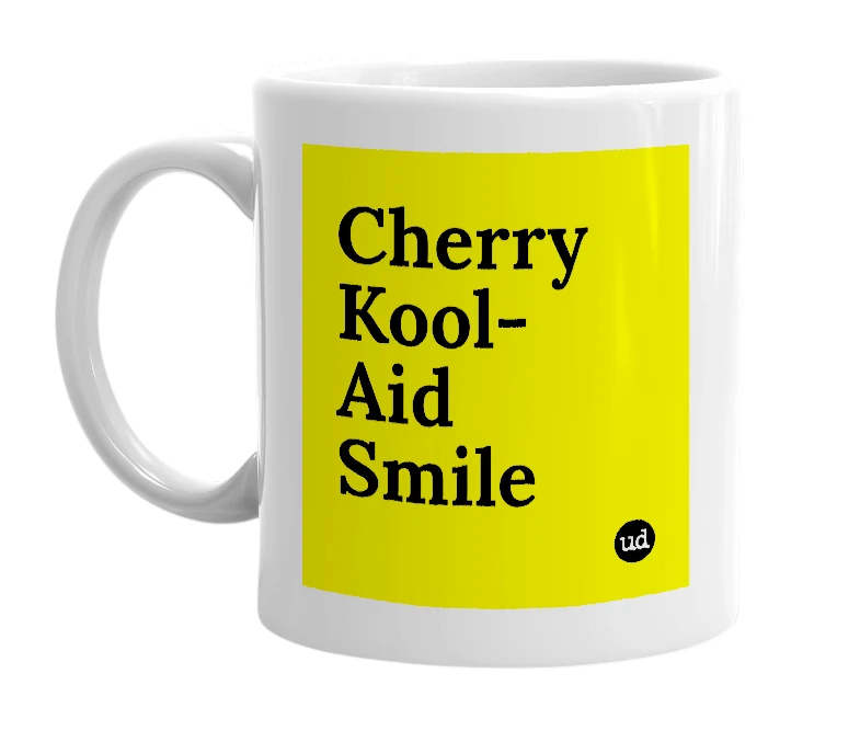 White mug with 'Cherry Kool-Aid Smile' in bold black letters