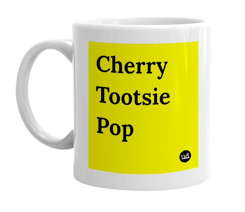 White mug with 'Cherry Tootsie Pop' in bold black letters