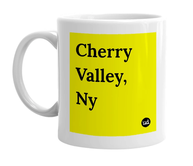White mug with 'Cherry Valley, Ny' in bold black letters