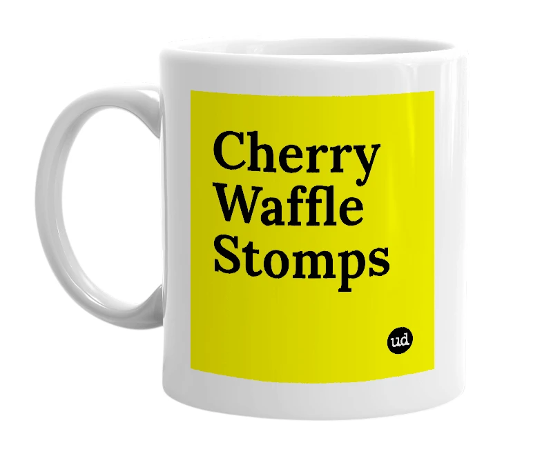 White mug with 'Cherry Waffle Stomps' in bold black letters