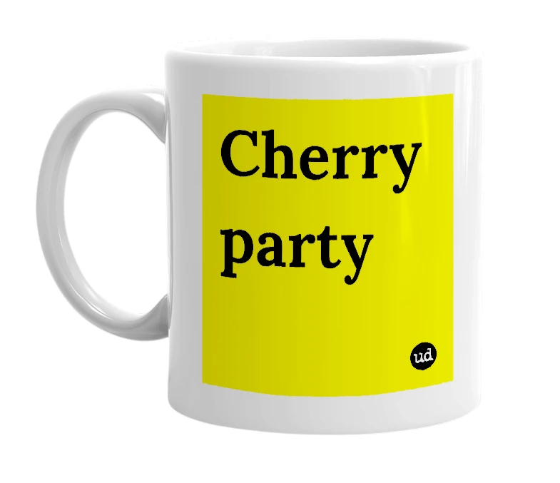 White mug with 'Cherry party' in bold black letters