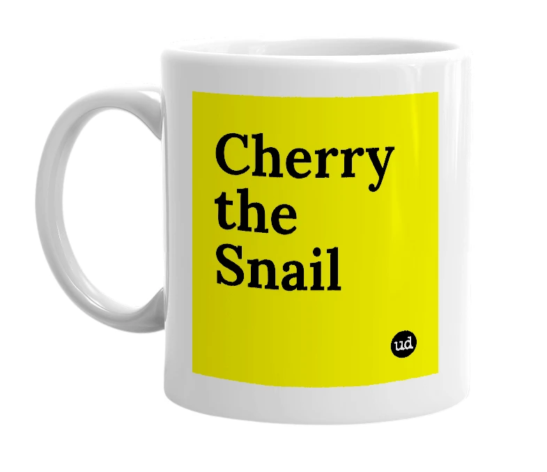 White mug with 'Cherry the Snail' in bold black letters