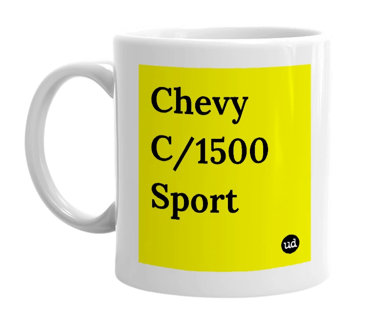 White mug with 'Chevy C/1500 Sport' in bold black letters