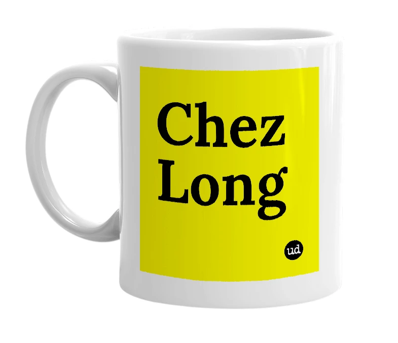 White mug with 'Chez Long' in bold black letters