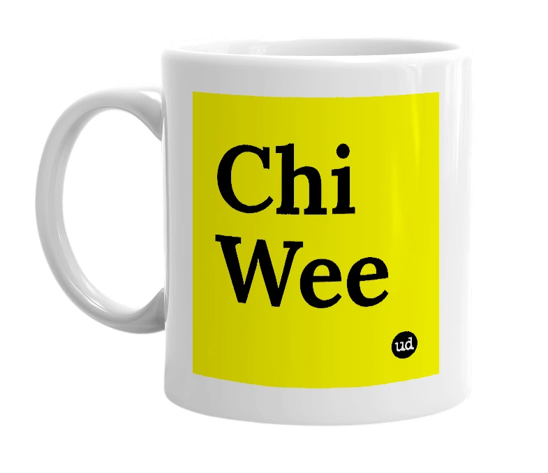 White mug with 'Chi Wee' in bold black letters