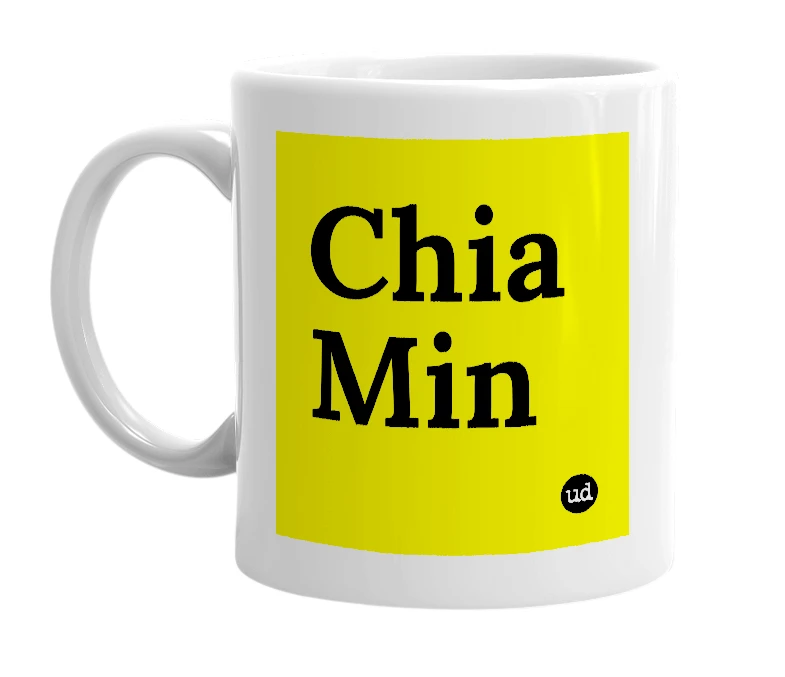 White mug with 'Chia Min' in bold black letters