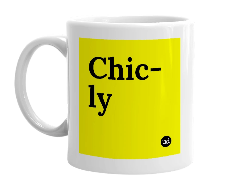 White mug with 'Chic-ly' in bold black letters