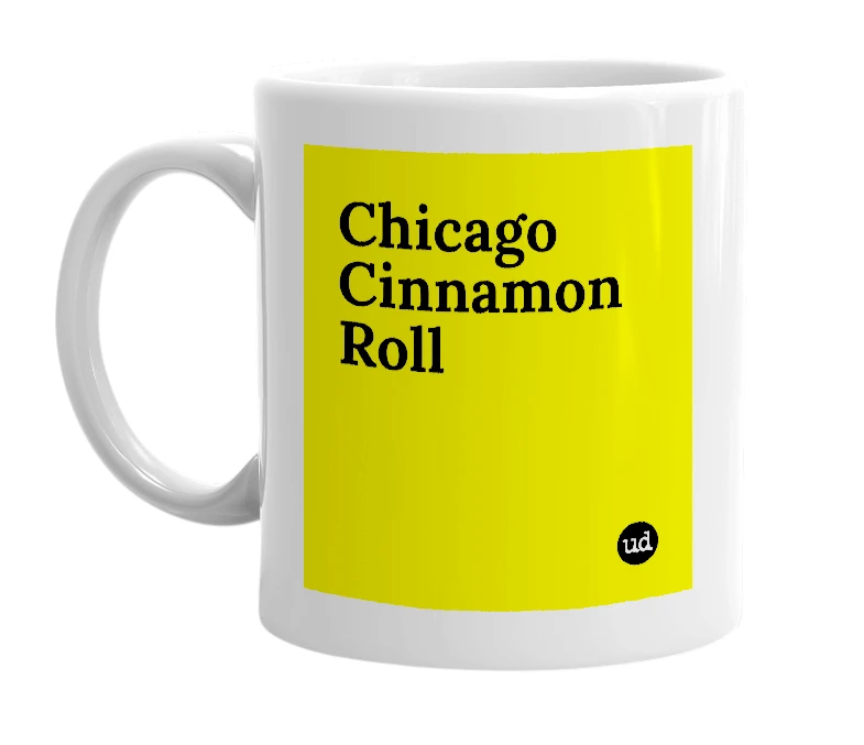 White mug with 'Chicago Cinnamon Roll' in bold black letters