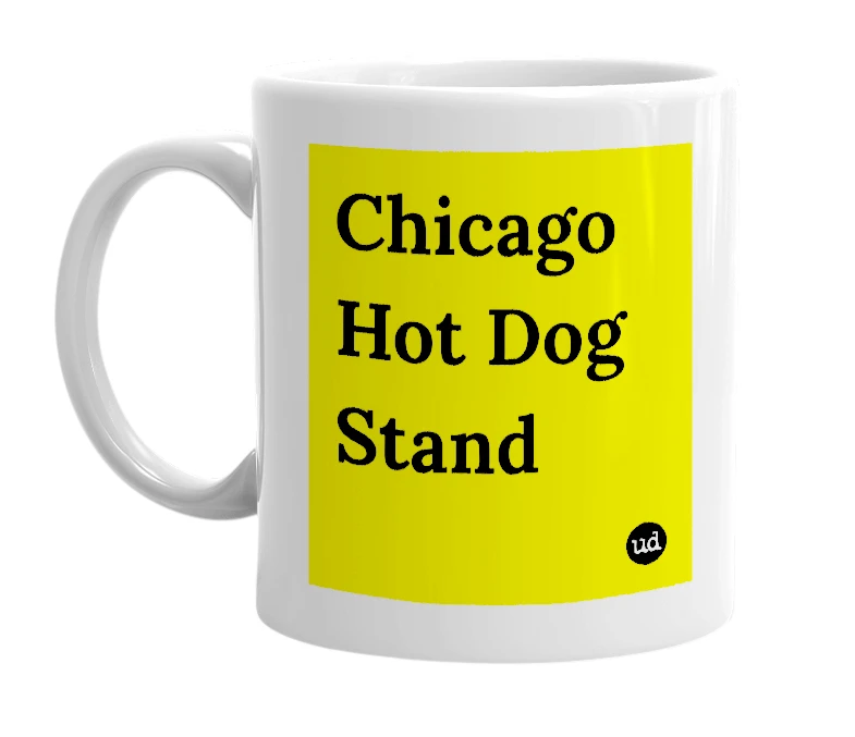 White mug with 'Chicago Hot Dog Stand' in bold black letters