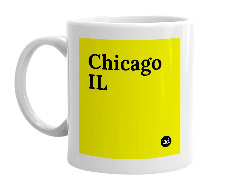 White mug with 'Chicago IL' in bold black letters