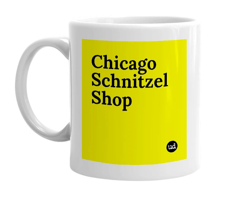 White mug with 'Chicago Schnitzel Shop' in bold black letters