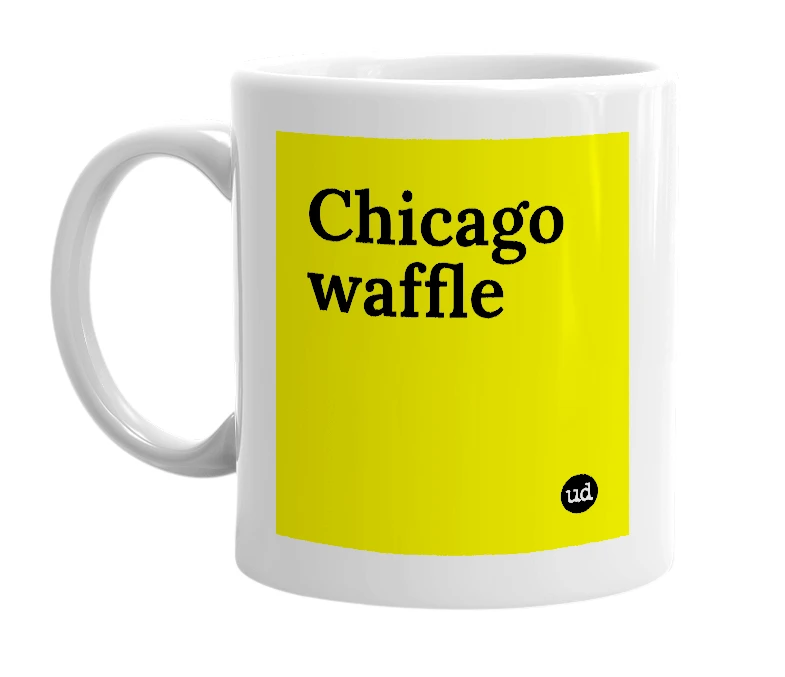 White mug with 'Chicago waffle' in bold black letters