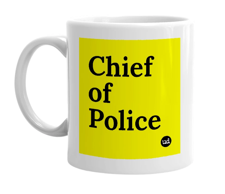 White mug with 'Chief of Police' in bold black letters