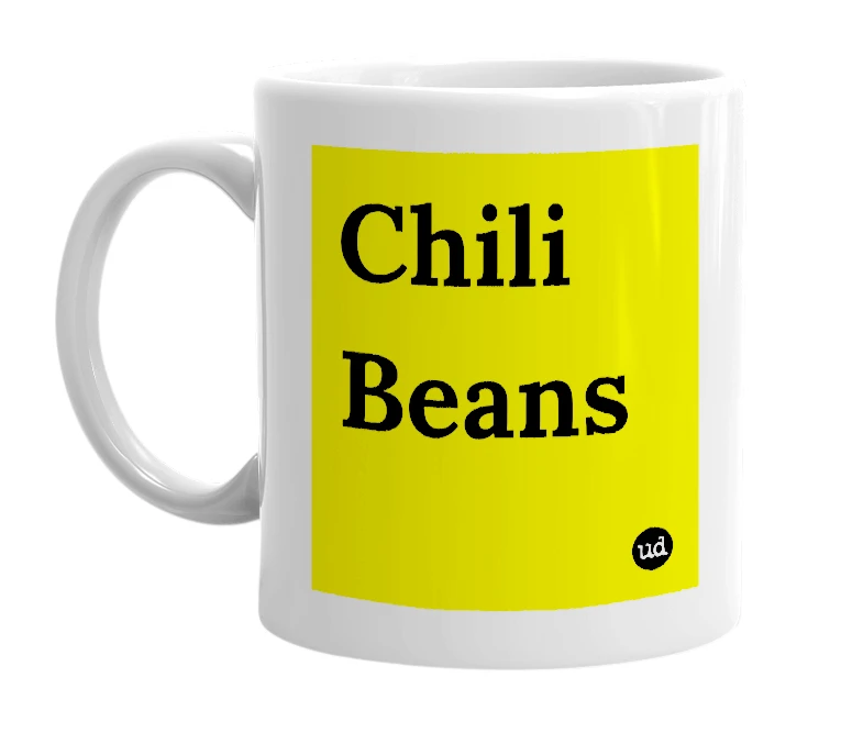 White mug with 'Chili Beans' in bold black letters