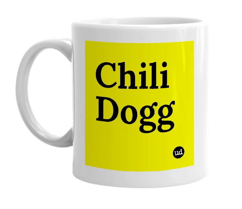 White mug with 'Chili Dogg' in bold black letters
