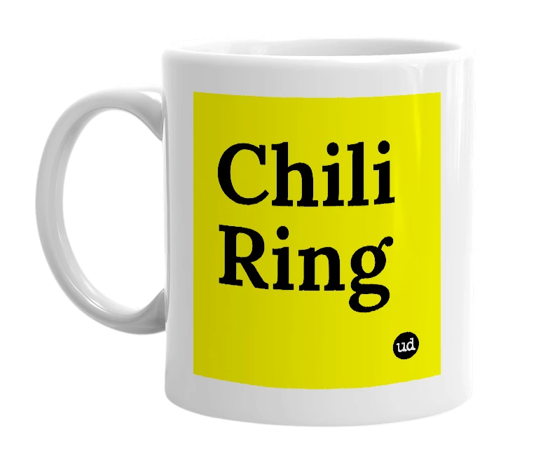 White mug with 'Chili Ring' in bold black letters