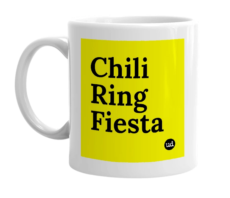 White mug with 'Chili Ring Fiesta' in bold black letters