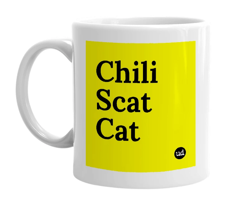 White mug with 'Chili Scat Cat' in bold black letters