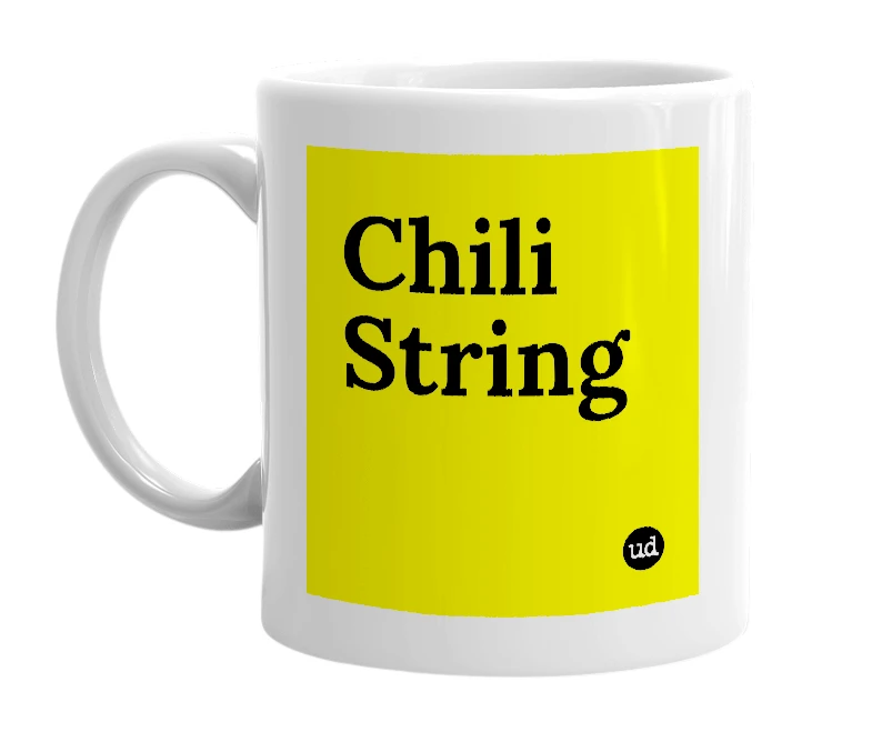 White mug with 'Chili String' in bold black letters