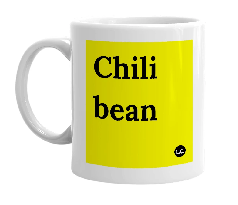 White mug with 'Chili bean' in bold black letters