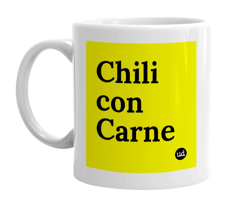 White mug with 'Chili con Carne' in bold black letters
