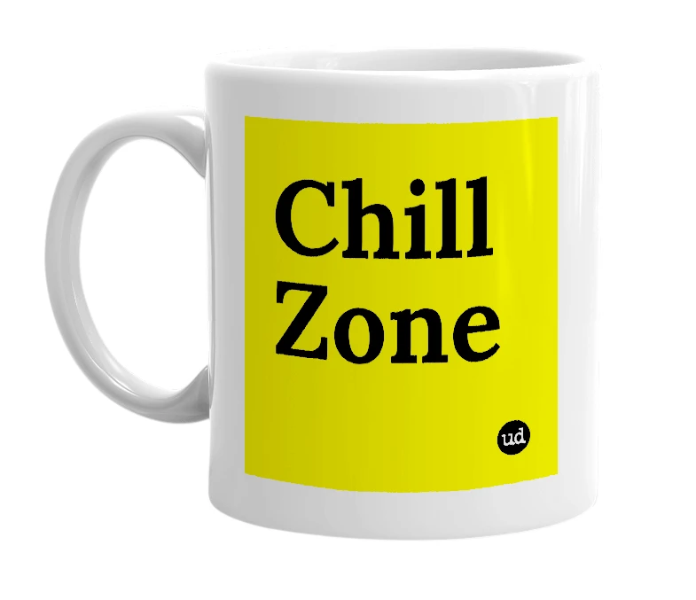 White mug with 'Chill Zone' in bold black letters