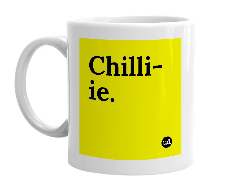 White mug with 'Chilli-ie.' in bold black letters