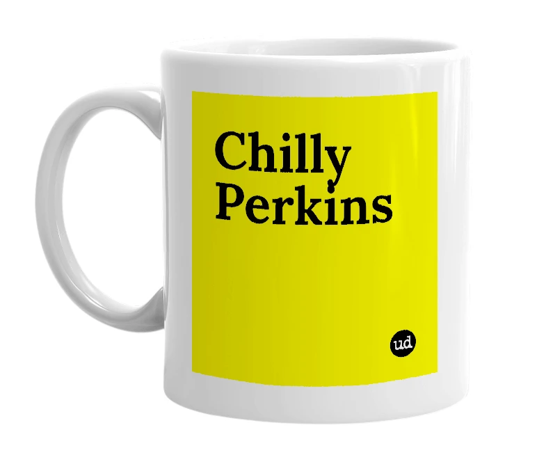 White mug with 'Chilly Perkins' in bold black letters