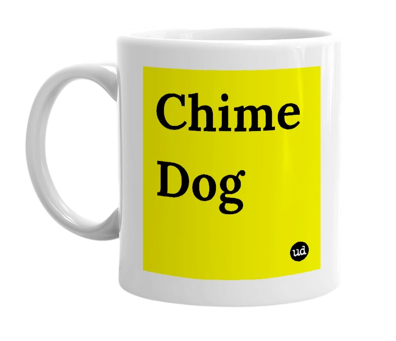 White mug with 'Chime Dog' in bold black letters