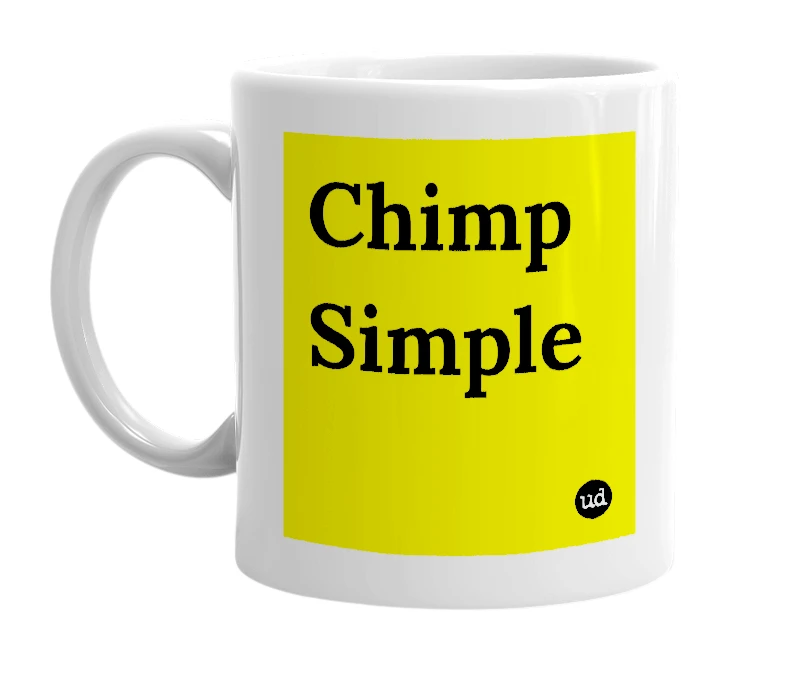 White mug with 'Chimp Simple' in bold black letters