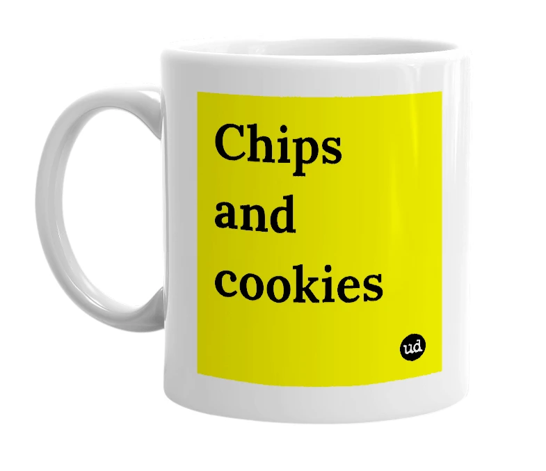 White mug with 'Chips and cookies' in bold black letters