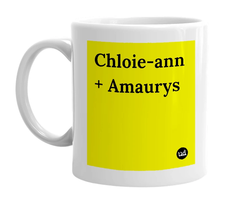 White mug with 'Chloie-ann + Amaurys' in bold black letters