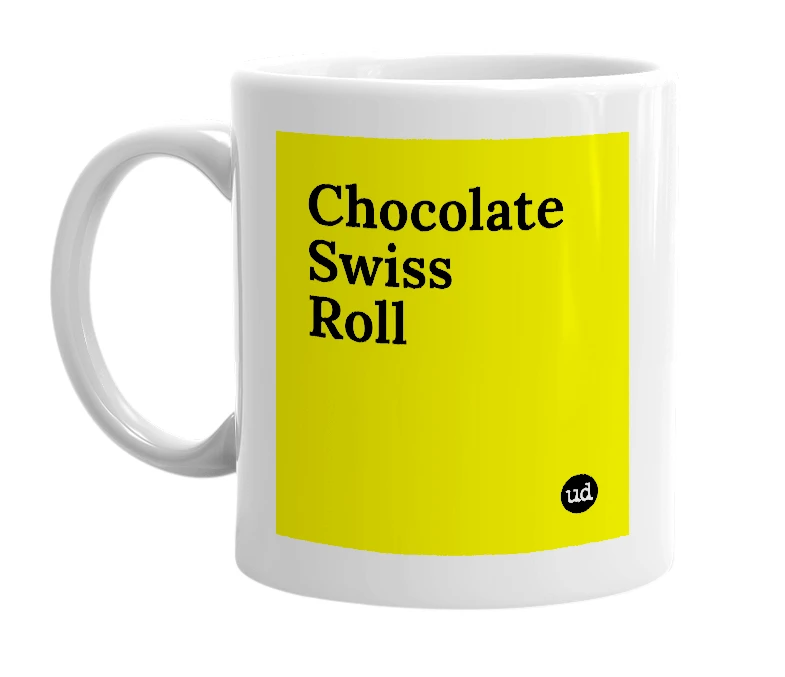 White mug with 'Chocolate Swiss Roll' in bold black letters