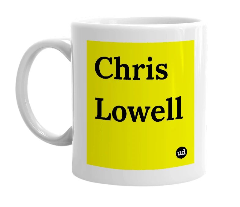 White mug with 'Chris Lowell' in bold black letters
