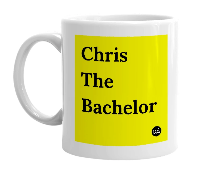 White mug with 'Chris The Bachelor' in bold black letters